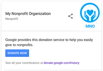 Nonprofit knowledge panel with Donate Now button 