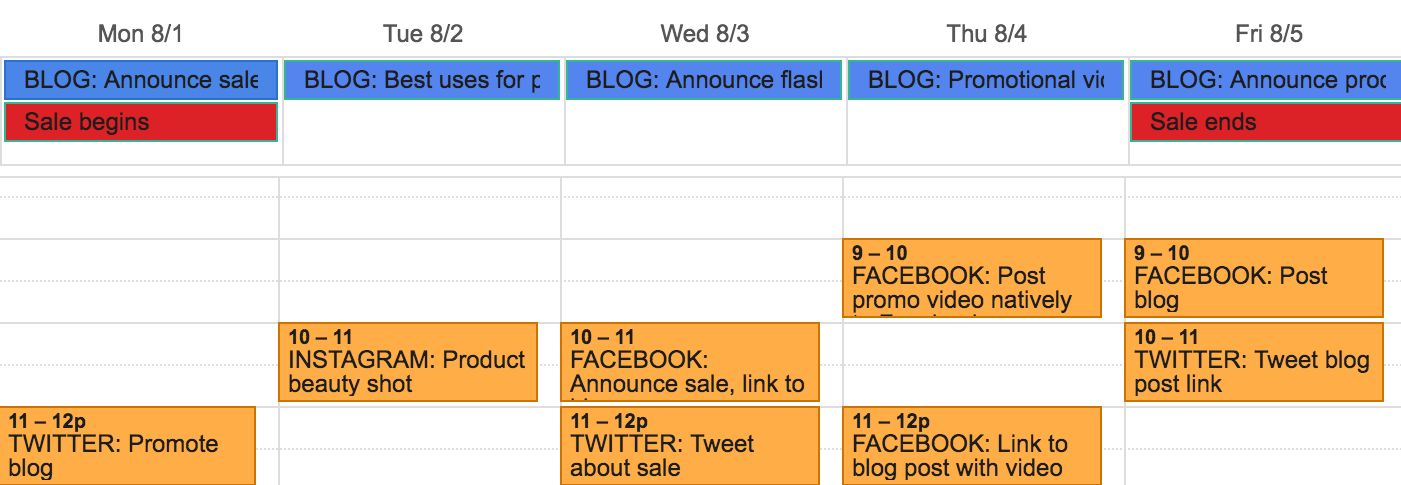 content calendar using Google Calendar setting Twitter, Instagram, Facebook, and blog release times for social media campaign