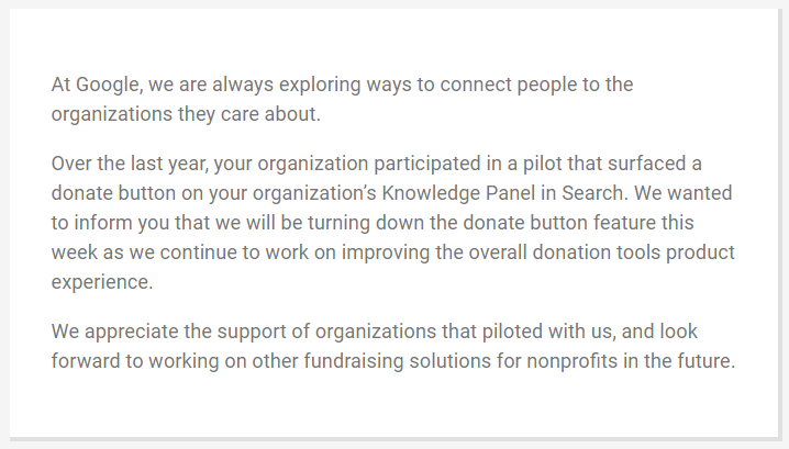 Google notification of turning off donation button in Knowledge Panel
