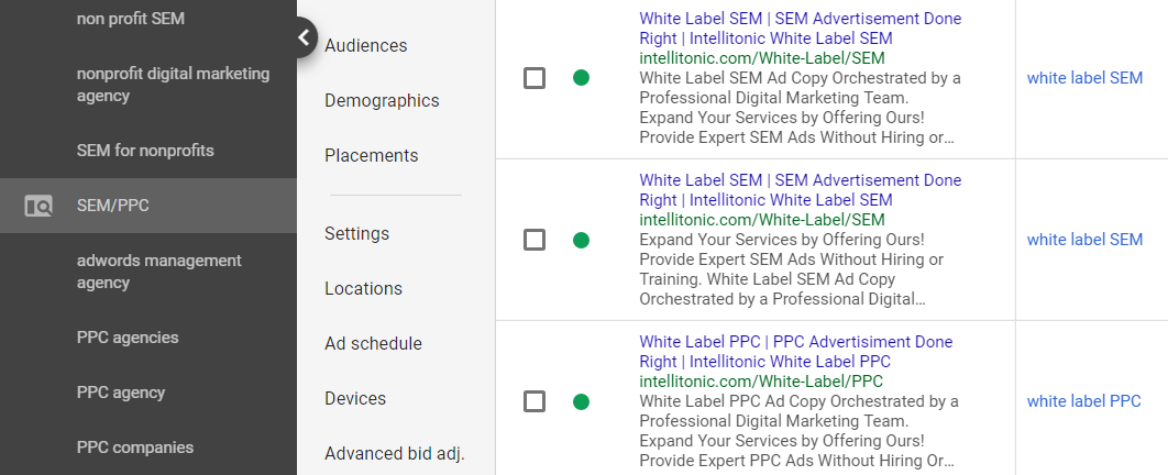 White label SEM ads in Google Ads interface advertising different keywords containing "white label"