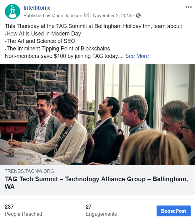 TAG Tech Summit 2018 Intellitonic Facebook post
