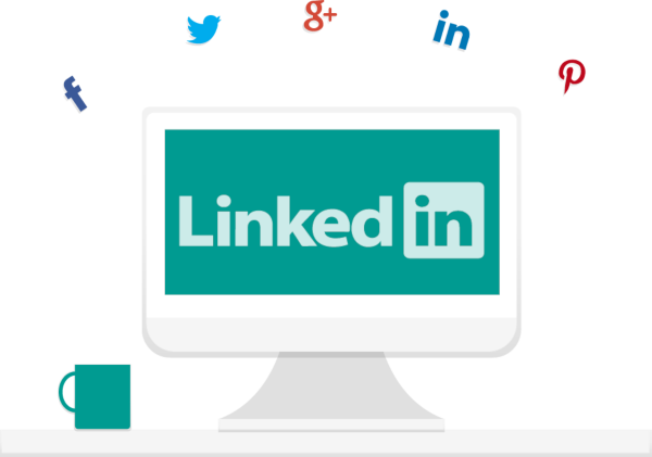 LinkedIn logo on desktop with Twitter, Google+, and Instagram logos floating above