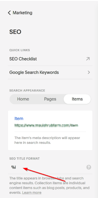 change SEO title format in Squarespace to add SEO titles to product pages