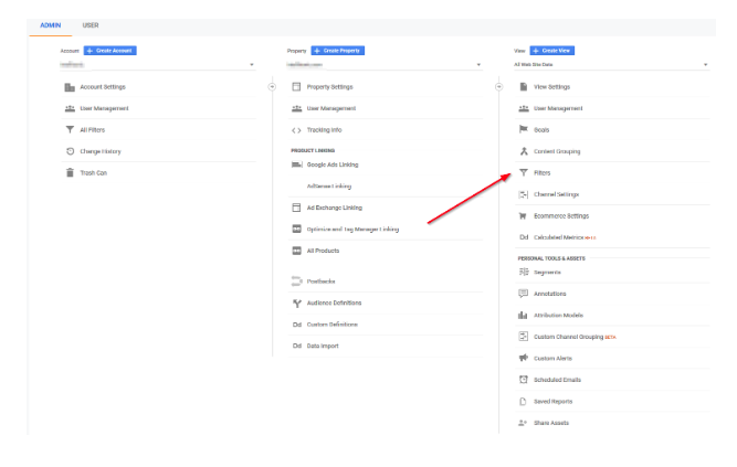 Clicking Filters in Google Analytics account to filter GA traffic