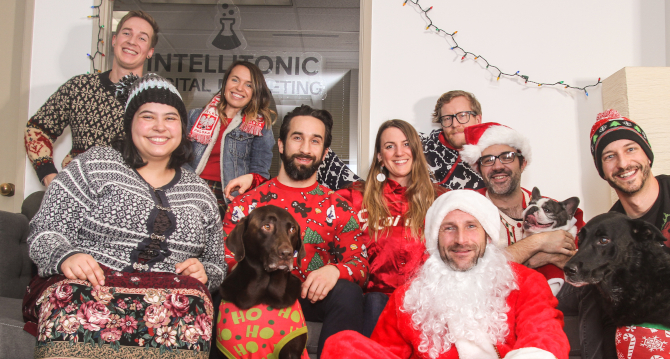 2019 Christmas Party with full 2019 Intellitonic team and dogs