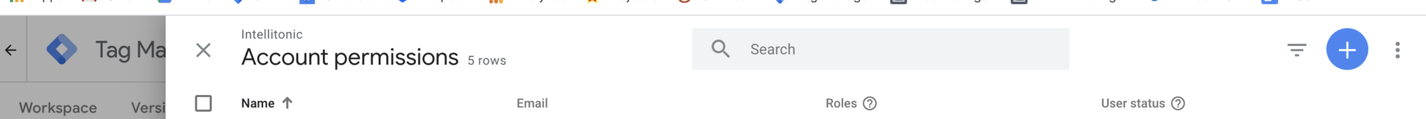 Google Tag Manager permissions menu with plus sign button to add users