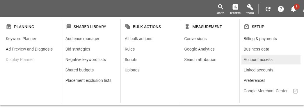 adding Google Ads user by clicking Account Access in top menu