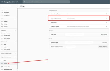 Adding a Google Search Console user by clicking settings then User Permissions