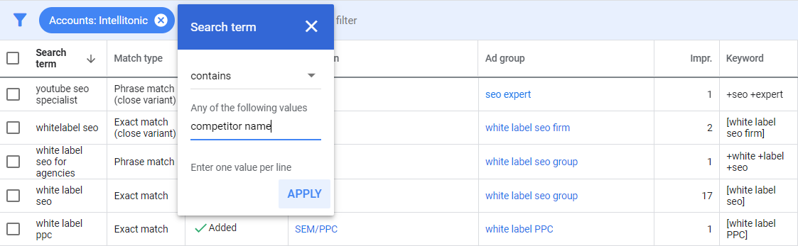 check search terms by competitor name in Google Ads to find cause