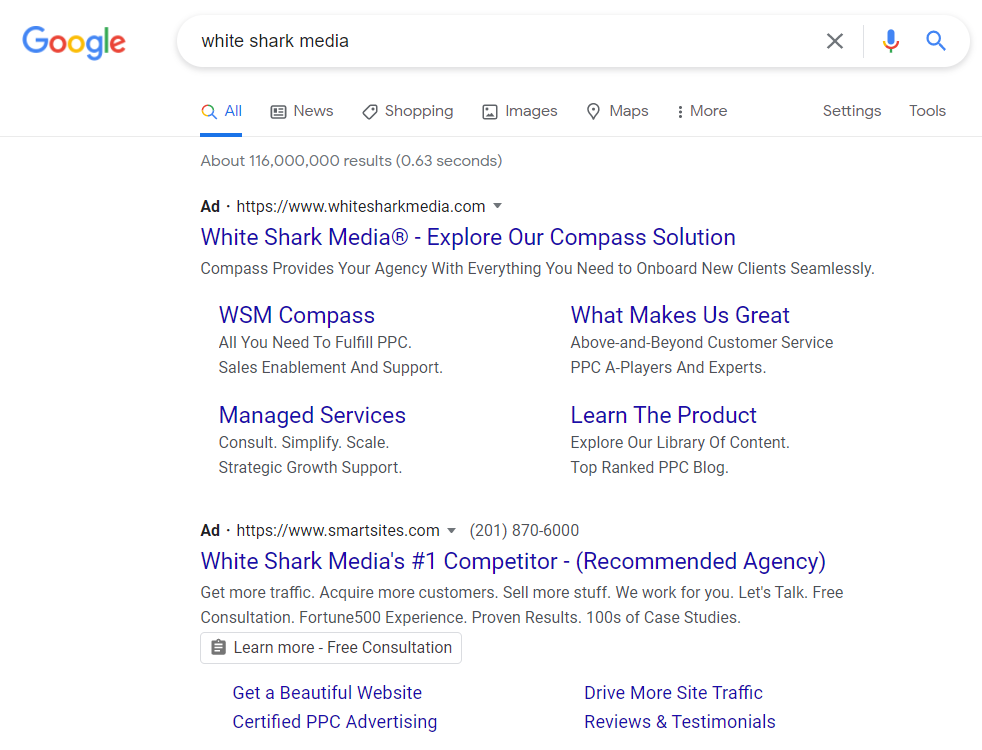 Competitor bidding on White Shark Media brand name in Google Ads