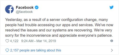 Facebook crash explanation announcement on server configuration change
