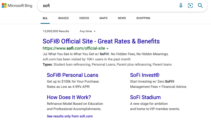Bing Ads result example for SoFi
