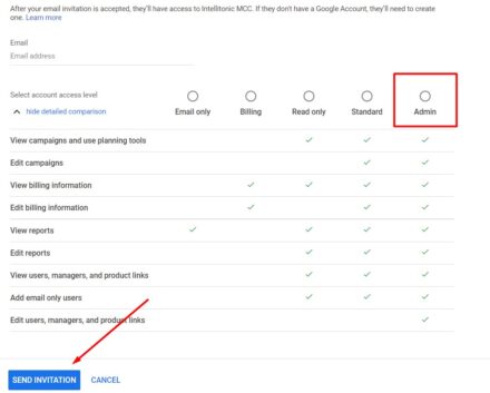 Adding Google Ads admin access by clicking Admin on chart then send invitation