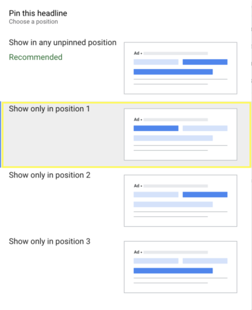 setting responsive search ad headlines to only appear in position 1