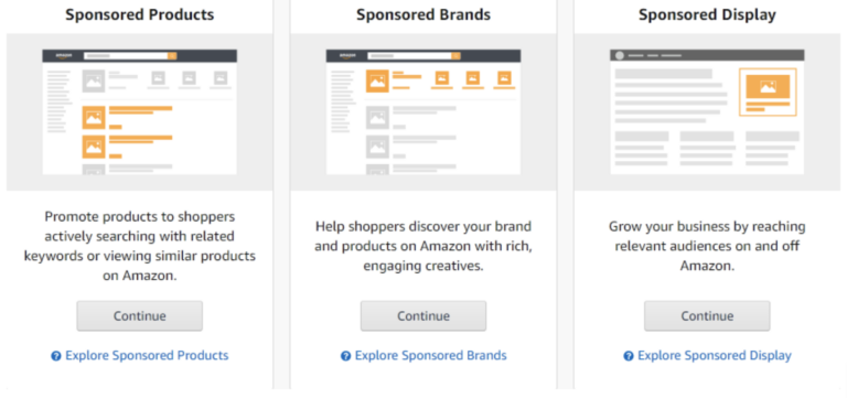 Amazon campaign choices: Sponsored products, sponsored brands, and sponsored display ads for Amazon