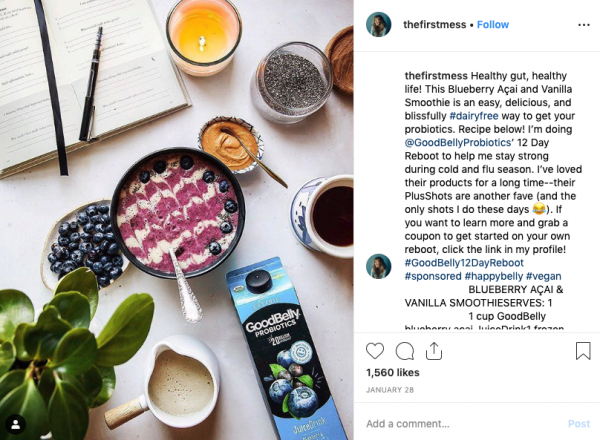 thefirstmess instagram influencer table with yogurt, blueberries, and other probiotics