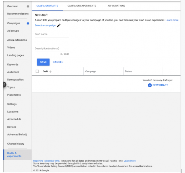 Google Ads Drafts and Experiments Screen Shot